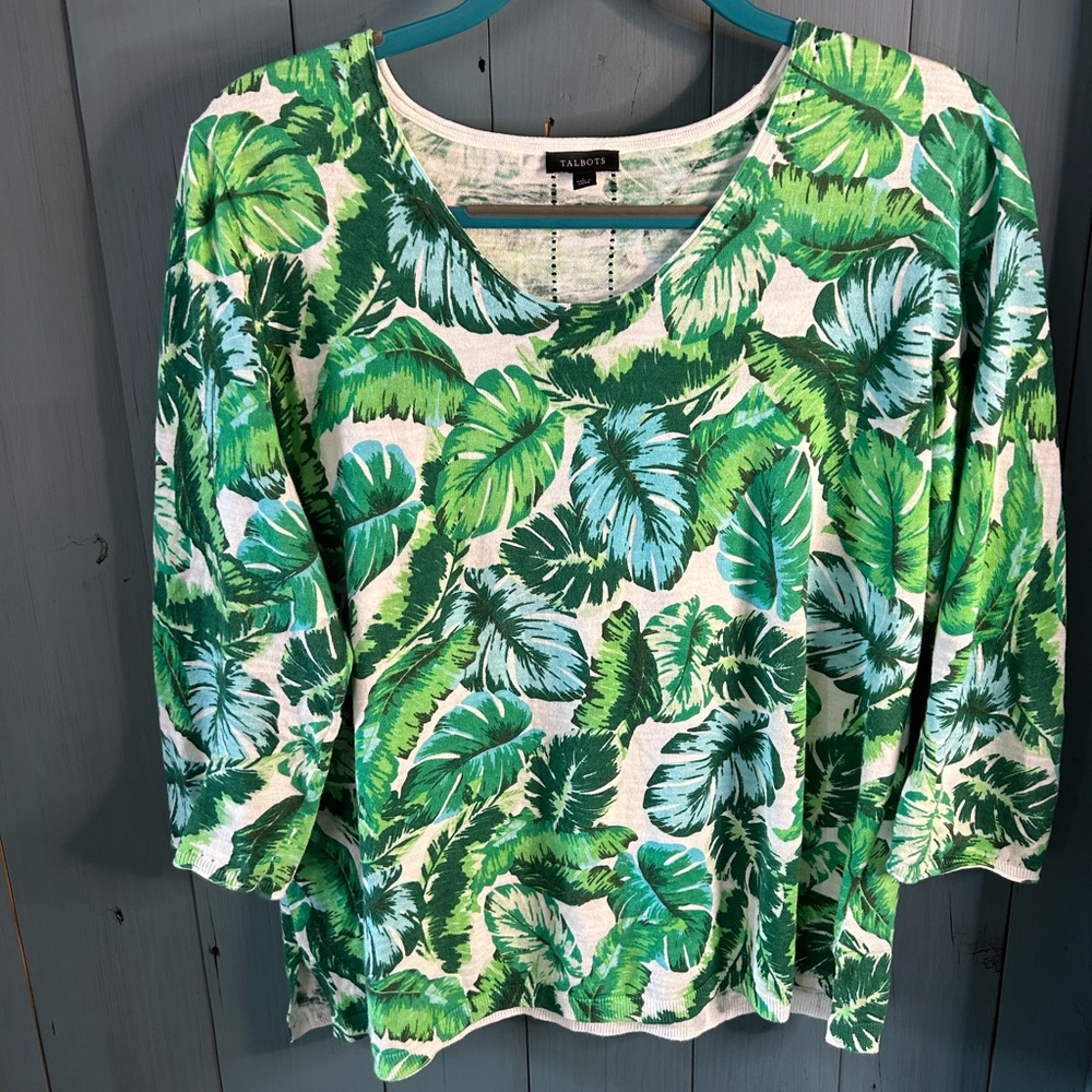 Talbots Tropical Green Leaf Print 3/4 Sleeve Top | Size Large
